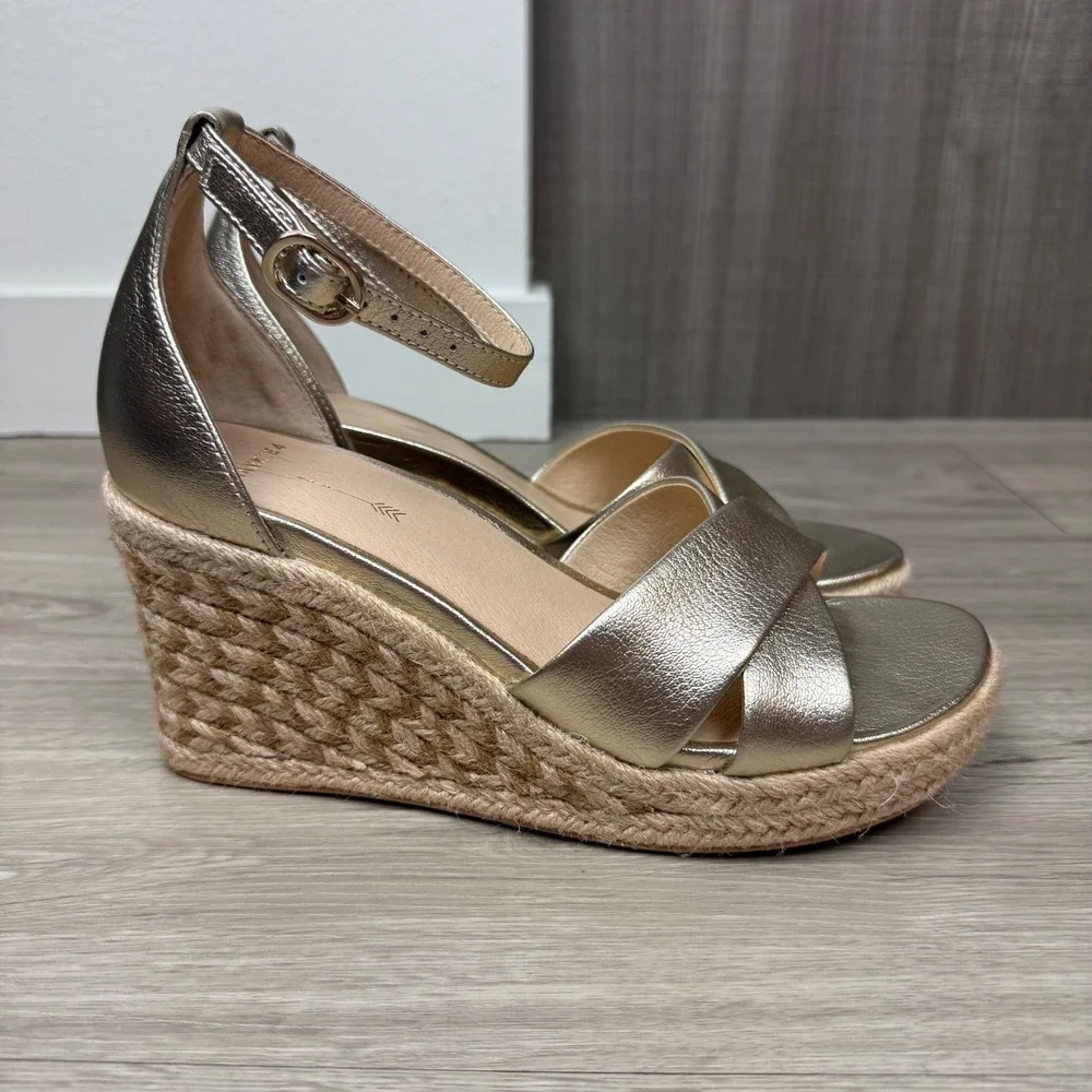 NEW FRANKIE4 Gold Tumbled Baker Wedge Heel Espadrille Leather Comfort Size 7